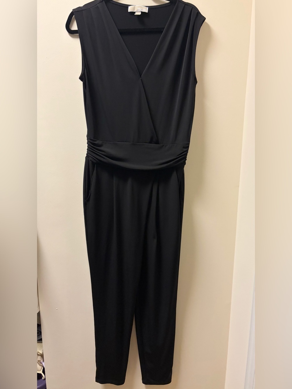 Michael Kors Black Sleeveless V-Neck Draped Waist Jumpsuit with Pockets Womens S